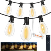 String lights with vintage-style bulbs on a black cord, featuring a timer and remote control.