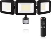 Three LED flood lights with a motion sensor and remote control on a white background