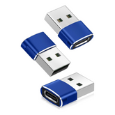 Three blue and silver USB adapters on a white background