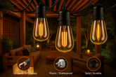 Three illuminated outdoor light bulbs hanging from a wooden pergola with patio furniture in the background.