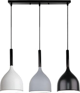 Three pendant lights with white, gray, and black shades on a white background