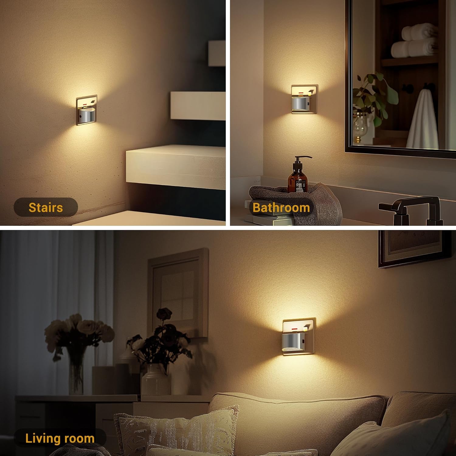 Three scenes showing wall lights in a living room, bathroom, and stairwell.