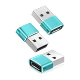 Three turquoise USB adapters on a white background