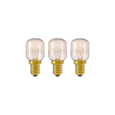 Three vintage-style light bulbs with gold bases on a white background