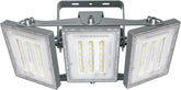 Triple-head flood light with LED lights on a white background