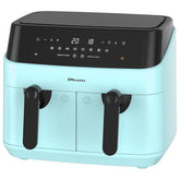 Turquoise air fryer with black control panel on a white background
