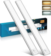 Two LED strip lights with a packaging box in the background on a white surface.