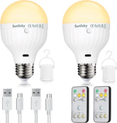 Two Sunlisky LED light bulbs with remote controls and cables on a white background