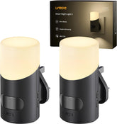Two black outdoor wall lights with a Lyride branded box in the background.
