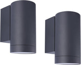 Two cylindrical outdoor wall lights on a white background