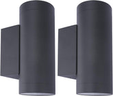 Two cylindrical outdoor wall lights on a white background