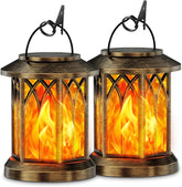 Two decorative lanterns with flame-like glass on a white background