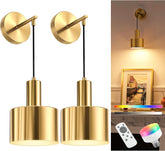 Two gold pendant lights with a remote control and smart light bulb on a white background.