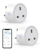 Two smart plugs with a smartphone displaying a home automation app on a white background