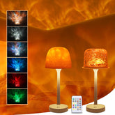 Two table lamps with a remote control displaying different color options on an orange background.