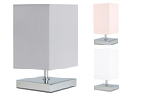 Two table lamps with square shades, one gray and one pink, on a white background.