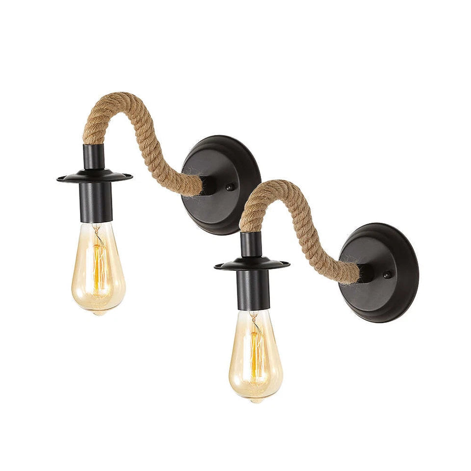 Two wall-mounted lights with braided rope design on a white background