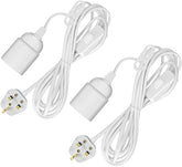 Two white electrical extension cords with plugs on a white background