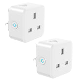 Two white smart plugs with a circular logo on a white background