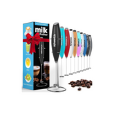 PowerLix milk frother with colorful handles next to its packaging on a white background
