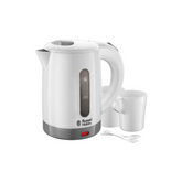 White electric kettle with digital display and two white cups on a white background