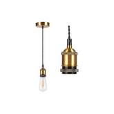 Gold and bronze pendant light with a visible bulb on a white background
