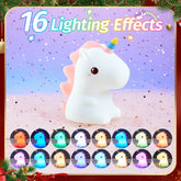 Unicorn toy with 16 lighting effects on a colorful background