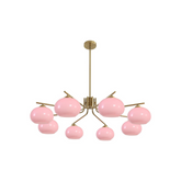 Chandelier with pink glass shades and gold metal structure on a white background