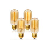 Four gold-toned LED light bulbs on a white background