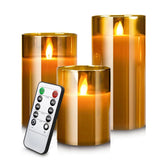 Flameless LED Gold Glass Pillar Candles with Remote & Timer, Real Wax Battery Operated Candle Set of 3 (4″/5″/6″) for Indoor & Vintage Décor