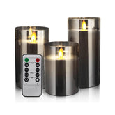 Flameless LED Glass Pillar Candles with Remote & Timer, Real Wax Flickering Wick Battery Operated Candle Set of 3 (4″/5″/6″, Grey)