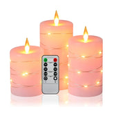 Rose Flameless LED Candles with Starry String Lights, 360° Viewing Angle, Real Wax Dancing Flame Candle Set of 3 with Remote & Timer
