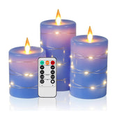 Blue Flameless LED Candles with Starry String Lights, 360° Viewing Angle, Real Wax Dancing Flame Candles Set of 3 with Remote & Timer