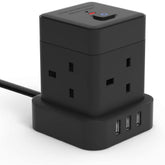 Cube Extension Lead 3M With USB Slots, Baykul 4 Way Extension Cord With 3 USB Ports, Black Long Power Strip With Switch Multi Plug Extension Cable With Overload Protection For Home Travel Office Dorm