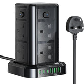 8-Way Tower Extension Lead with USB-C & 6 USB Ports, 3250W Power Strip with 4 Switches, 1.8M Cable – Home & Office