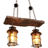 Wood Retro Chandelier Industrial Vintage Pendant Light 2 Heads Woody Metal Bedroom Restaurant Suspension lamp Cage Frame with Glass Shade House Loft Bar Coffee Decoration Ceiling Light,2*E27