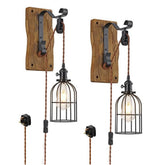 Vintage Wall Sconces Set of Two Plug In,Rustic Pulley Wall Lamps for Bedroom,Hanging Lights with 6.5ft On/Off Switch Cord,Black Rustic Wall Lamp for Bedroom Bedside Living Room Farmhouse Décor