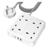 Extension Lead with 4 Way Outlets, 3250W 13A Power Strip, PD 20W USB-C and 2 USB-A QC 3.0, 1.8M Braided Extension Cord, Multi Power Plug Extension for Home and Office, White