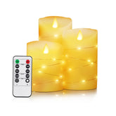 Flameless LED Wax Pillar Candles with Fairy Lights, Remote & Timer, Flickering Battery Operated Candle Set of 3 (4″/5″/6″)