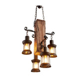 Wood Retro Chandelier Industrial Vintage Pendant Light 4 Heads Woody Metal Bedroom Restaurant Suspension lamp Cage Frame with Glass Shade House Loft Bar Coffee Decoration Ceiling Light,4*E27