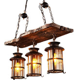 Wood Retro Chandelier Industrial Vintage Pendant Light 3 Heads Woody Metal Bedroom Restaurant Suspension lamp Cage Frame with Glass Shade House Loft Bar Coffee Decoration Ceiling Light,3*E27