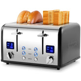 4 Slice Stainless Steel Toaster – Black | LED Display, Extra-Wide Slots, 6 Browning Settings, Defrost, Reheat & Cancel