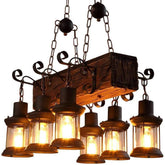 Wood Retro Chandelier Industrial Vintage Pendant Light 6 Heads Woody Metal Bedroom Restaurant Suspension lamp Cage Frame with Glass Shade House Loft Bar Coffee Decoration Ceiling Light,6*E27