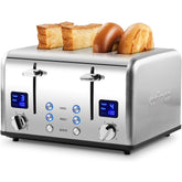 4 Slice Stainless Steel Toaster – Silver | LED Display, 4 Extra-Wide Slots, 6 Browning Levels, Defrost & Reheat