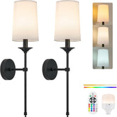 Operated Wall Lights Set of 2 Black Candlestick Powered Sconce with 15 Color Dimmable Remote Control Wireless Lighting, Rechargeable Wall Lights for Indoor Bedroom