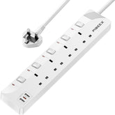 Extension Lead with USB Slots, Plug Extension Socket with Individual Switches, 4 Way Extension Lead with 1 USB C (PD 20W) and 2 USB A, 2 Meters Wall Mounted Extension Cable 13A 3250W for Home