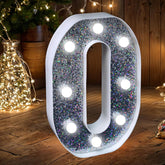 Letter O Style LED Marquee Lamp, Silver Glitter Light Up Letter Sign, Battery Powered Tabletop Decorative Marquee Light with On/Off Switch for Wedding, Birthday, Party and Home Decor