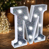 Letter M Style LED Marquee Lamp, Silver Glitter Light Up Letter Sign, Battery Powered Tabletop Decorative Marquee Light with On/Off Switch for Wedding, Birthday, Party and Home Decor