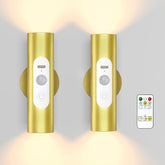Motion Sensor Wall Lights with Remote Control - Rechargeable Battery Operated Wall Sconces Indoor, LED Wireless Magnetic Wall Lamp Set of 2 for Stairs, Hallway, Bedroom, Living Room, Gold