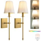 Battery Wall Sconces Sets of 2, Classic Brushed Brass Sconces Wall Lighting,Hardwired Bathroom Vanity Light Fixture with Fabric Shade for Bedroom Living Room